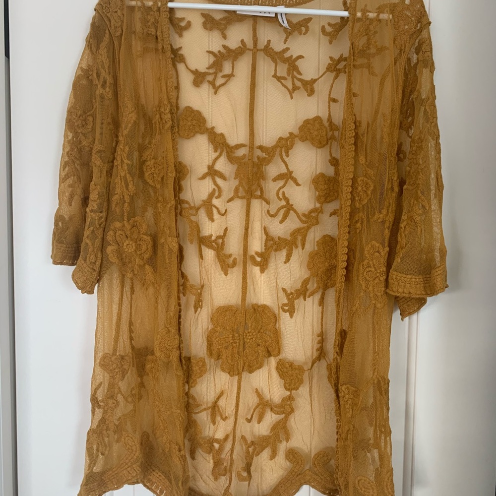 LUQ mustard color lace/sheer short sleeve cardigan